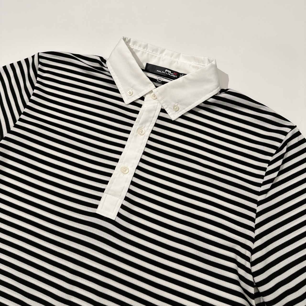 美品 RLX Ralph Lauren アールエルエックス ラルフローレン ボーダー柄 BD 半袖 ポロシャツ ストレッチ S/P /ブラック×ホワイト/メンズ/ゴルフ