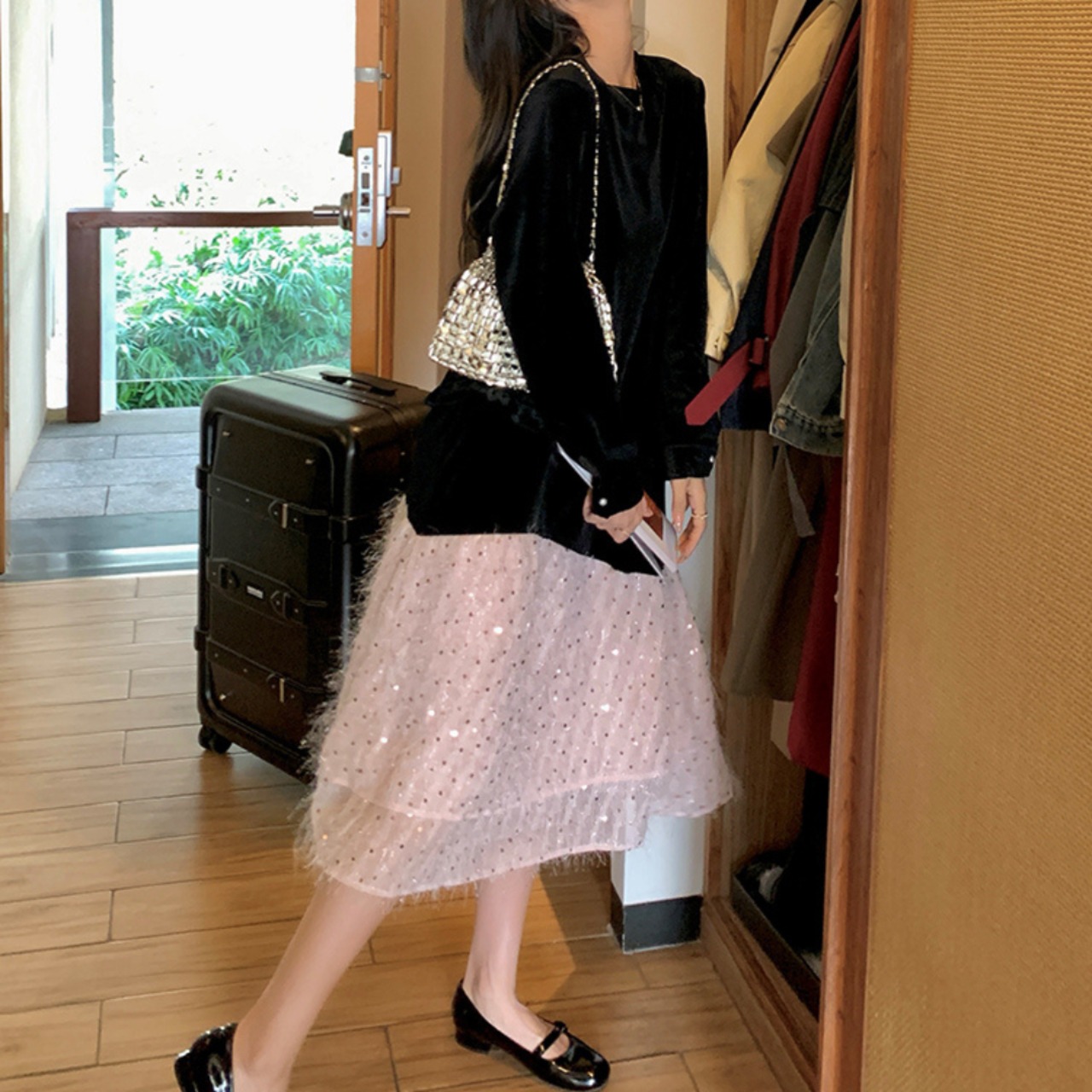 Black Velvet Patchwork Long Dress 5019