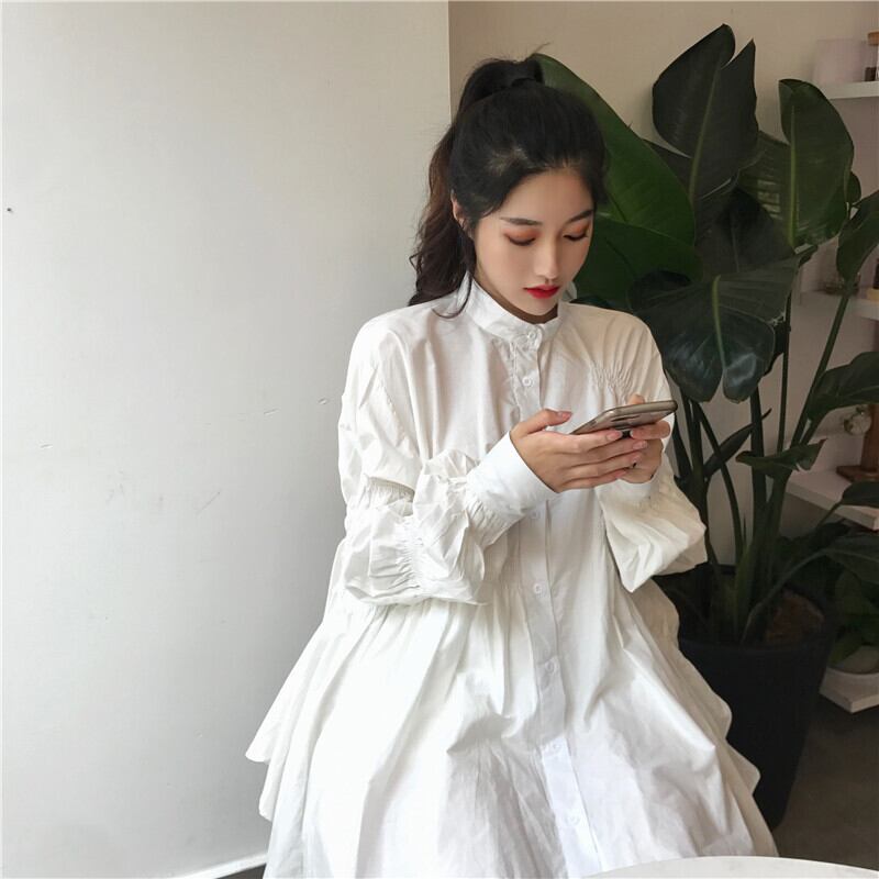 ワンピース 白シャツ シャツワンピース ワンピドレス 膝上 スタンド