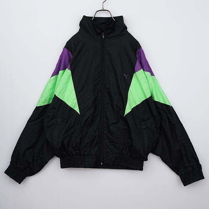 80s PUMA プーマ ロゴ刺繍ナイロンジャケット XL ブラック 黒 緑-