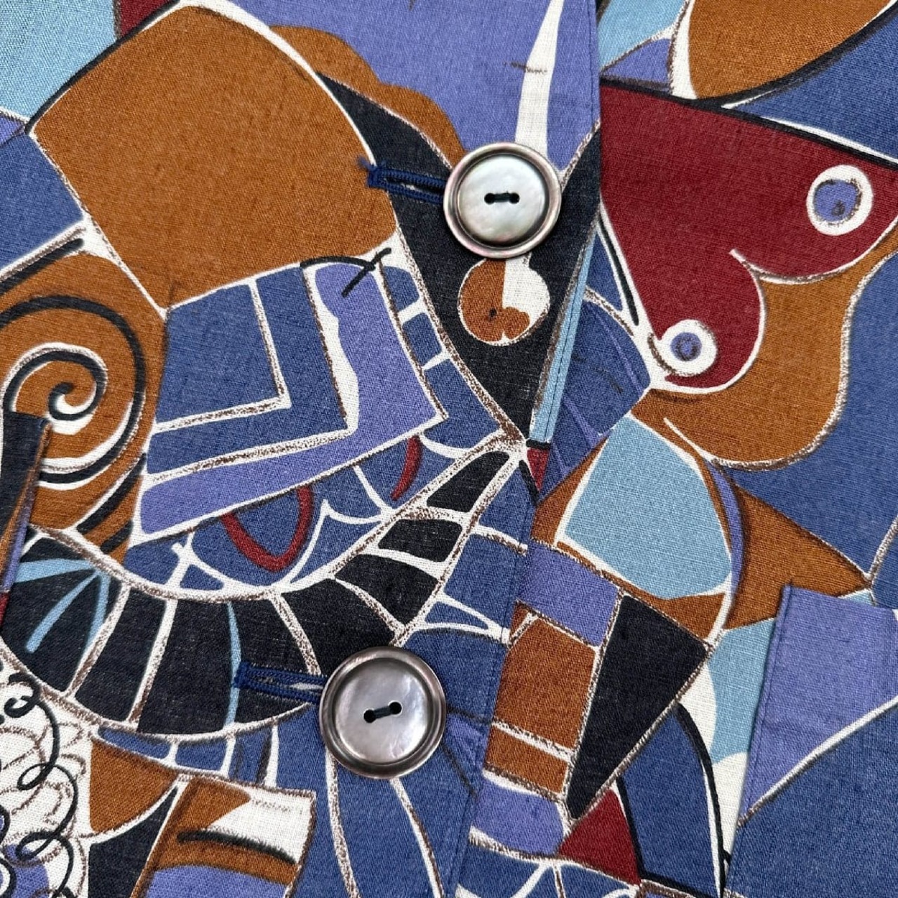 Leilian レリアン イタリア製生地 総柄 デザイン 麻100% ノーカラー ジャケット ブレザー 13＋ / 大きいサイズ リネン 日本製