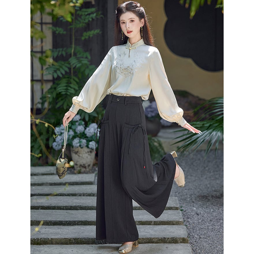 中華ゴシック 黒ワイドパンツ サイドリボン&赤アクセント |天使と悪魔