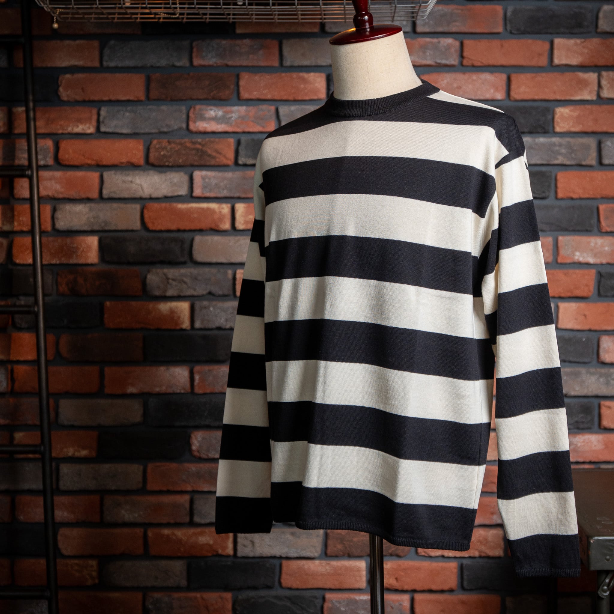 【Authentic Reproduction Products®】Made In Japan Level2 Heat Knit All Cotton High-Gauge Wide Stripe Crew-Neck Shirt "Black×Natural" 新品 ボーダー ニットシャツ ストライプシャツ 黒 ナチュラル インド綿100%