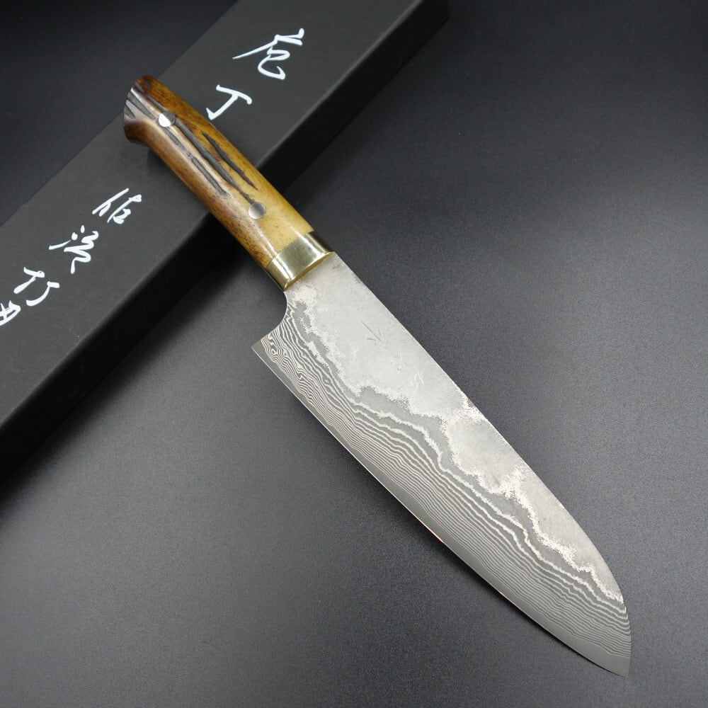 佐治作 三徳包丁 VG10 黒染めダマスカス 180mm 黄鹿角柄 越前打刃物