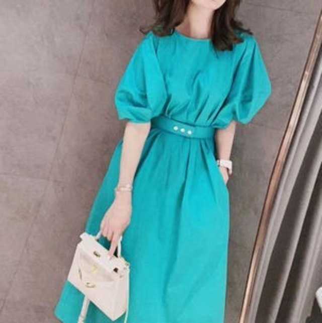 【BB0371】キレイ色　パフスリーブ　ワンピース}