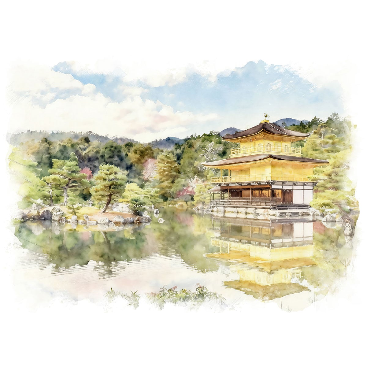 絵画 日本 京都 金閣寺の風景 インテリアアート額付き 水彩画・油絵風