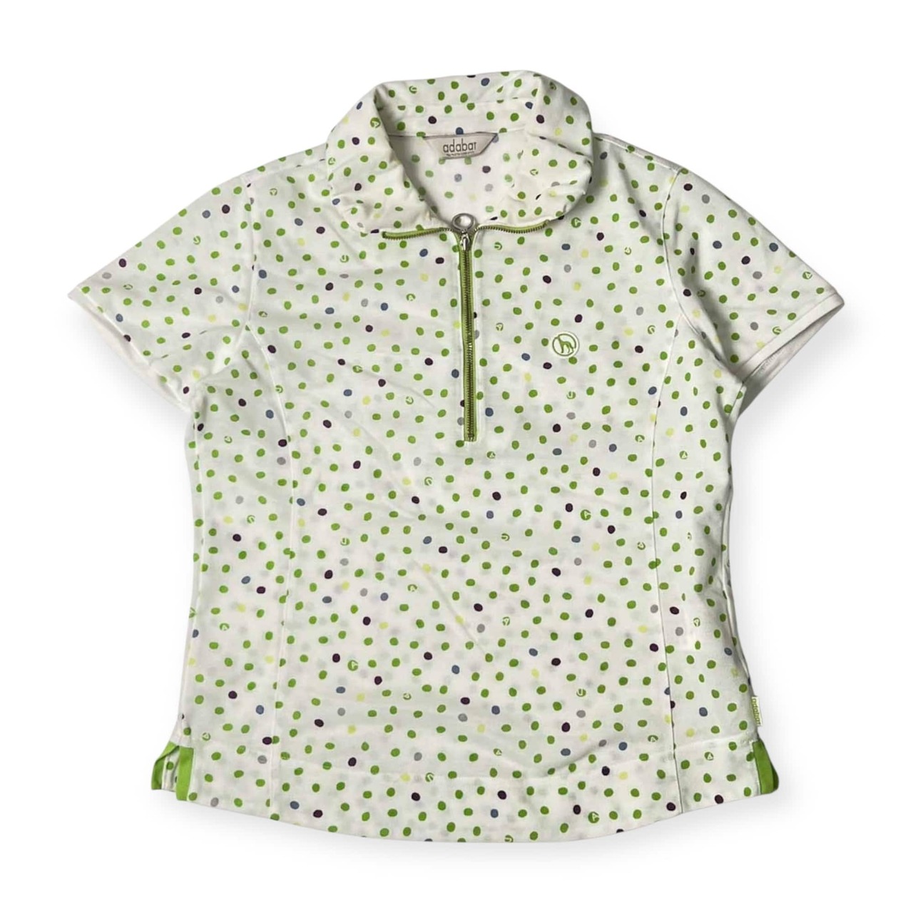 adabat アダバット ドット柄 ハーフジップ 半袖 ポロシャツ 38/ホワイト×グリーン 系 レディース ゴルフ