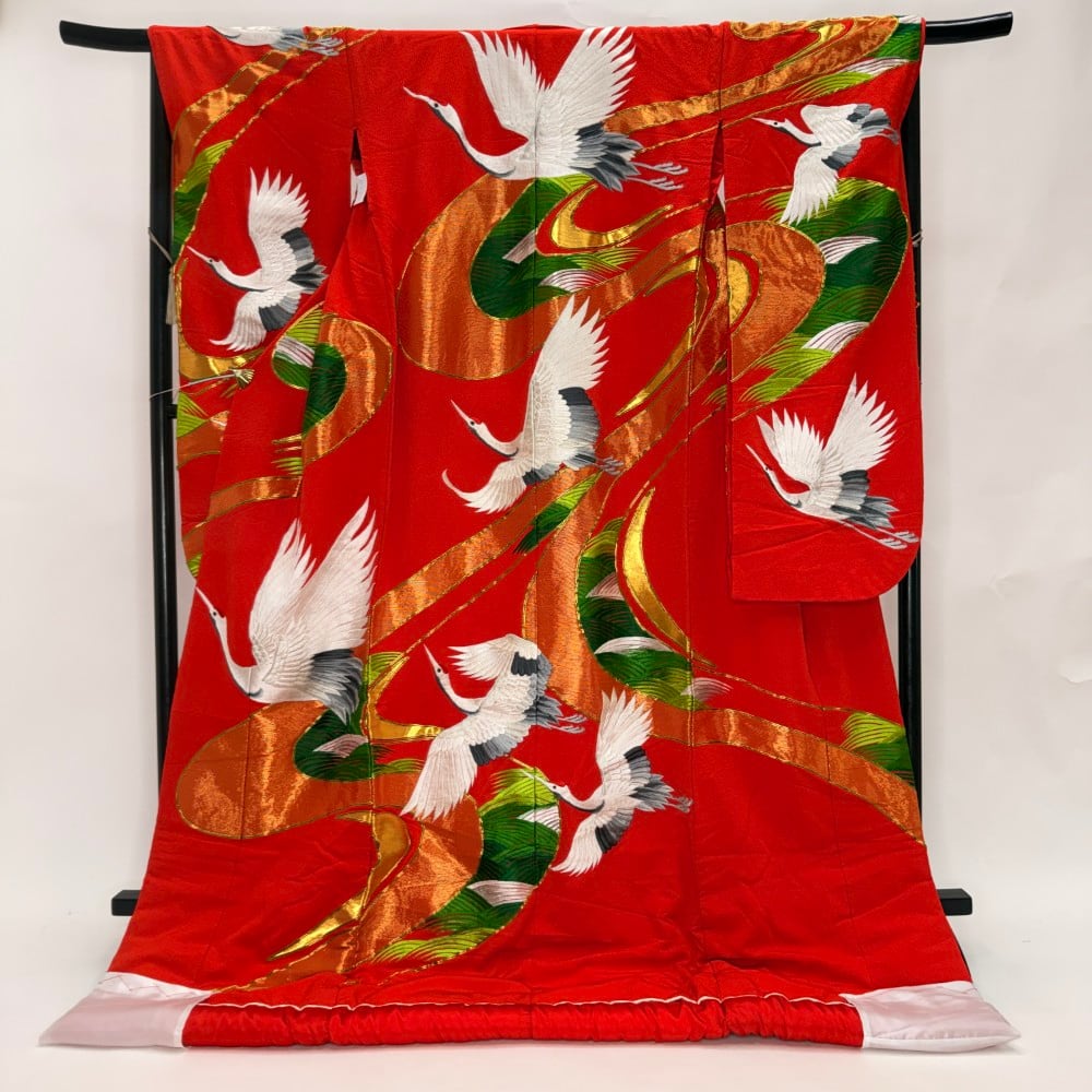 色打掛 正絹 鶴 刺繍 赤 打掛 花嫁衣裳 ポリエステル リサイクル 中古 ブライダル ウエディング 着物 6622