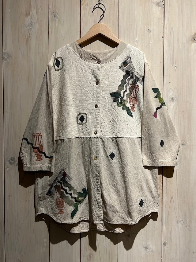 【a.k.a.C.a.k.a vintage】Ethnic Paint Design Vintage S/S Band Collar Shirt