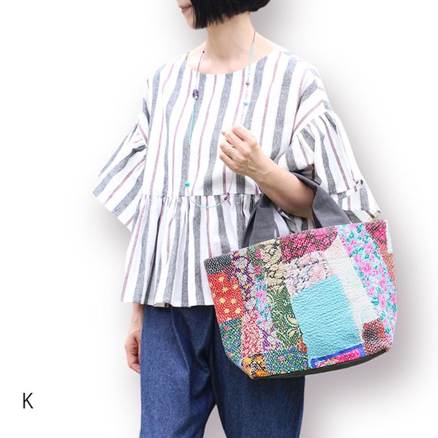 カンタ刺繍パッチワークキルトのトートバッグ【Lサイズ/K】