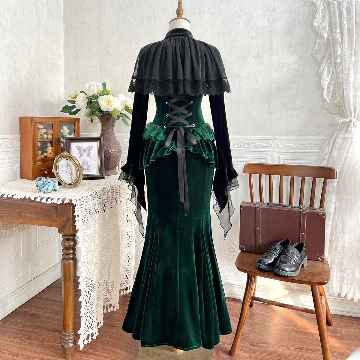 ゴスロリ 深緑ベルベット マーメイドOPワンピース 主役級ドレス