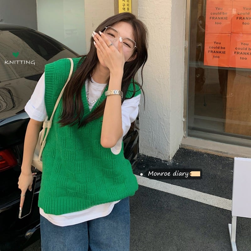 グリーンVネックニットスプリングオータム薄手セーター ジャケット 春物 秋物 モンロー79090754323
