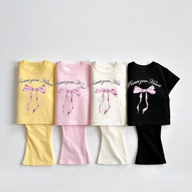 ベビー＆キッズ　夏新作　韓国風  リボンTシャツ＆フレアパンツ 薄手コットン セットアップ