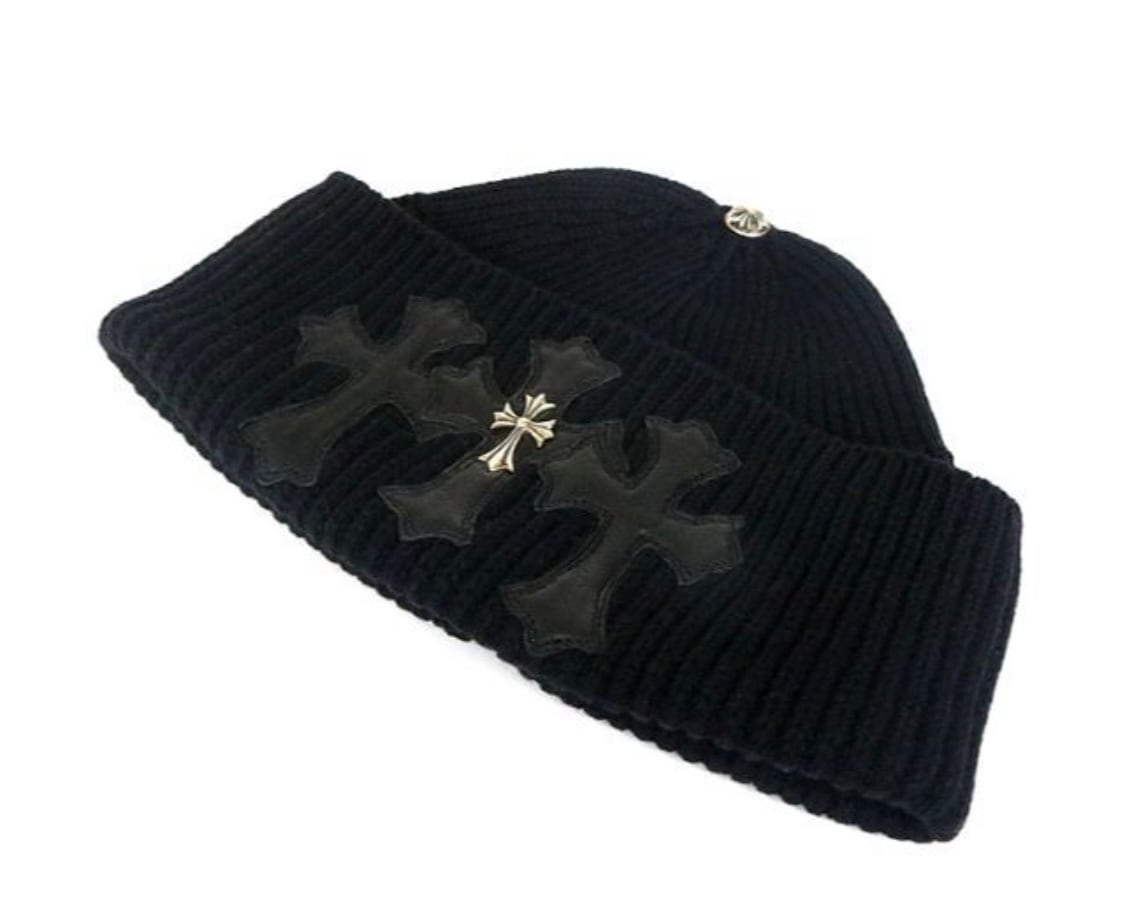 CHROME HEARTS クロムハーツ Cashmere Cross Beanie ラウンドセメタリークロスパッチ カシミヤビーニー ニットキャップ 帽子 ブラック225センチ本体