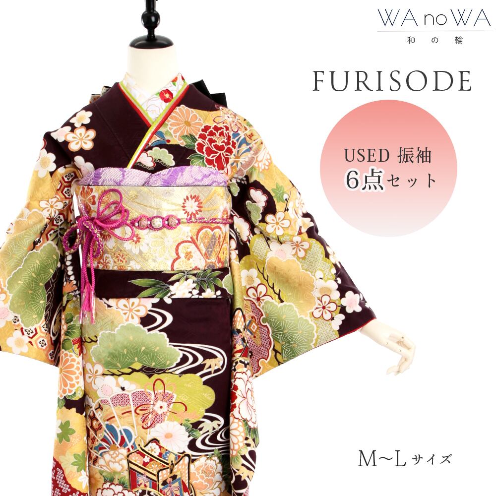 振袖フルセット 振袖セット 振袖 LLサイズ 黒×レトロ 美品 成人