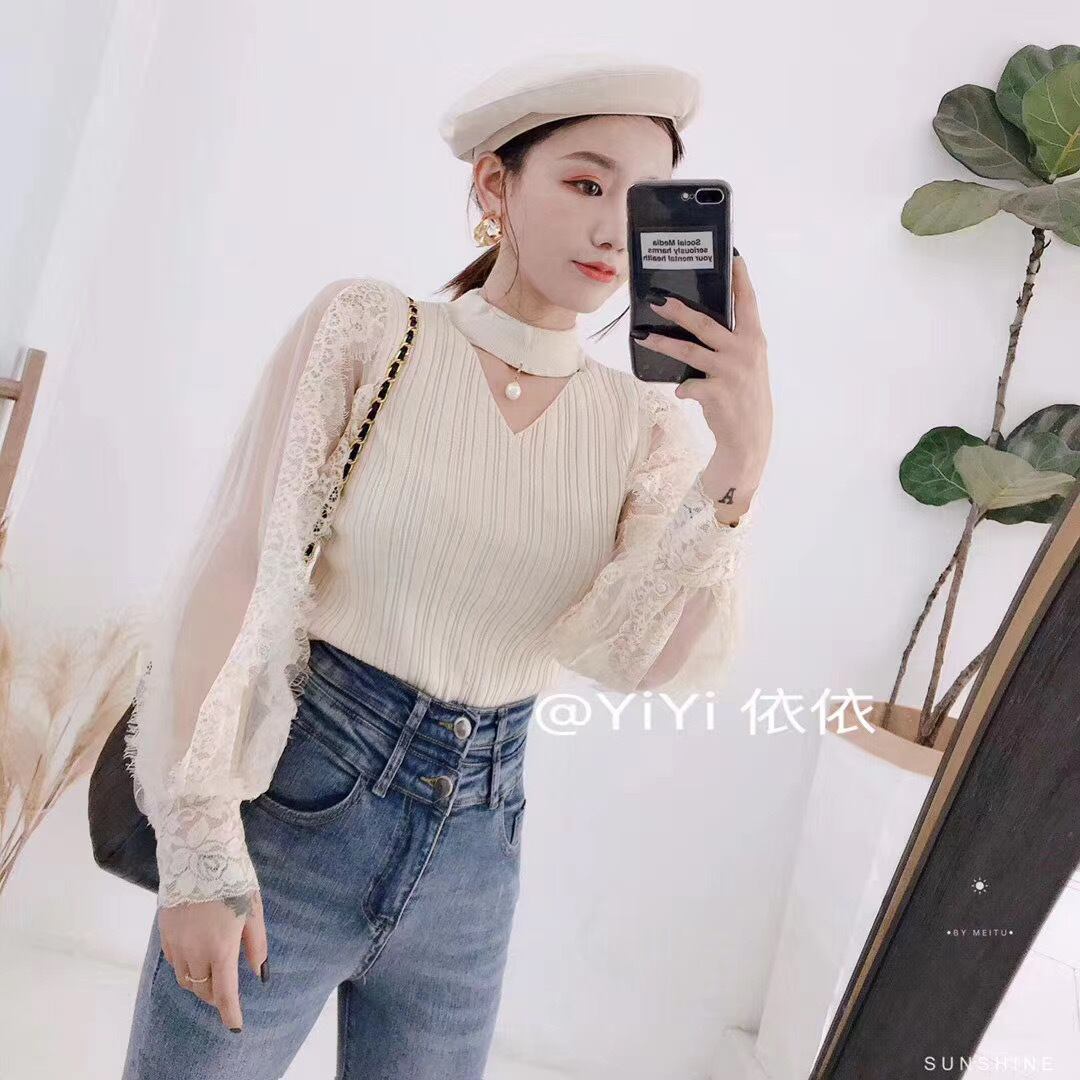 チュール袖Vネックニット