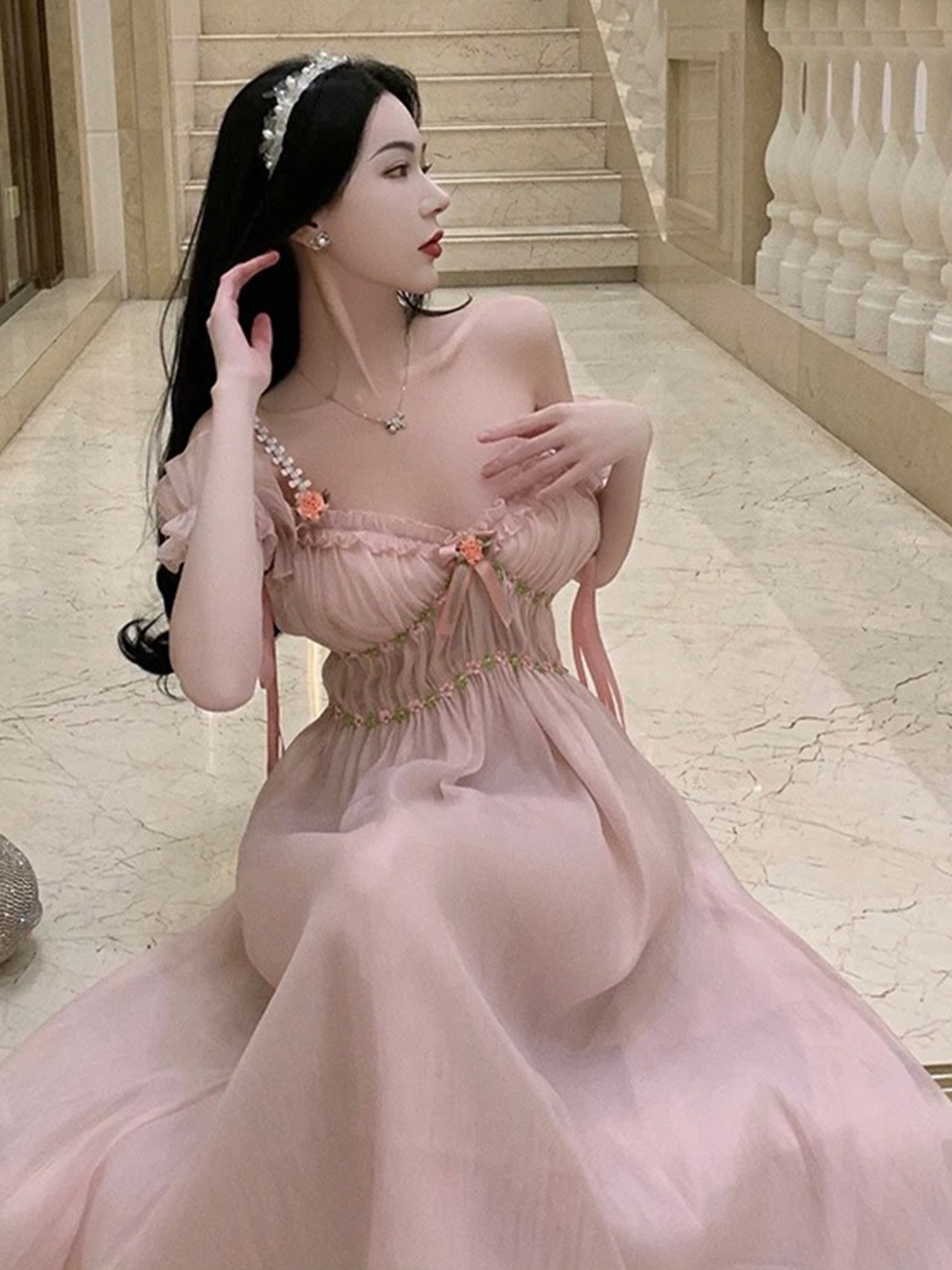 【0237】Pink Flower Shiffon Short Sleeve Dress