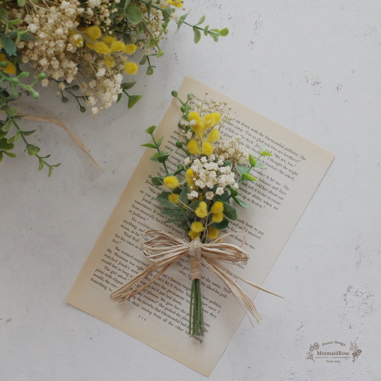 ミモザとかすみ草とユーカリの草原ブーケ ブートニア マーメイドローズ 一目惚れするブーケ 花冠のお店mermaidrose
