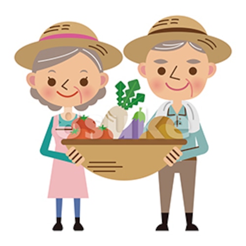 イラスト素材：収穫した野菜を持つ農家の老夫婦（ベクター・JPG）