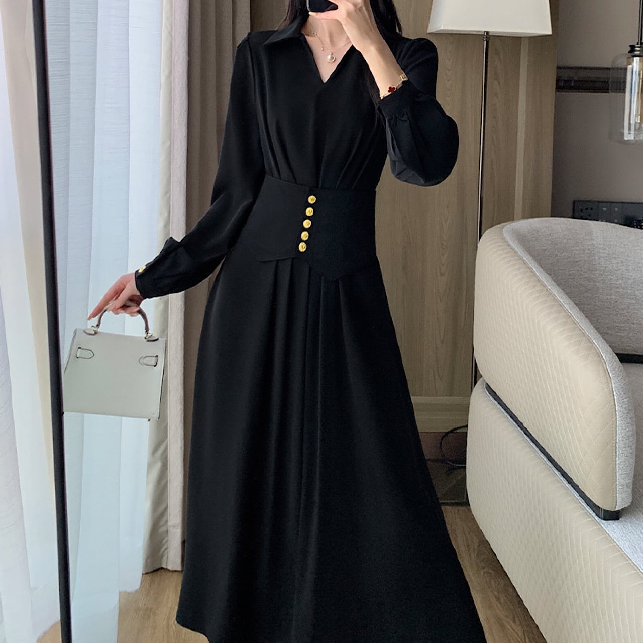 フレンチレトロ スリム ヘプバーン風 ウエストベルト付き 2点セット YH8774