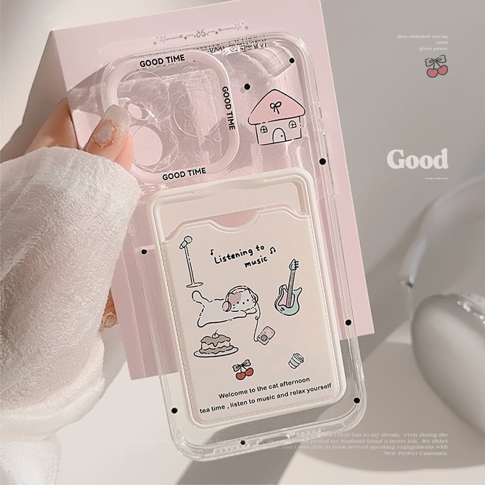 癒されケース◎ねこのおうち 落書き風 カードホルダー付きシンプルなカラークリアケース カメラ保護フレーム くつろぎ リビング 透明 かわいい 猫 スマホケース ND-15579