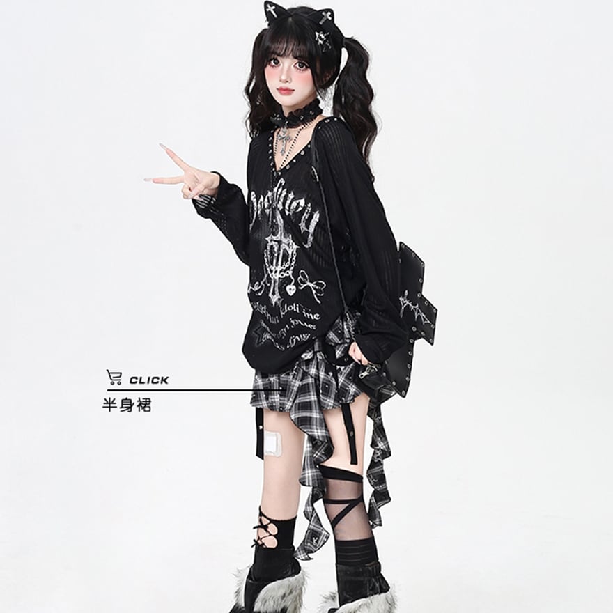 地雷系 VネックTシャツ 長袖×ダーク Y2K向け｜WithU | ゴスロリ通販