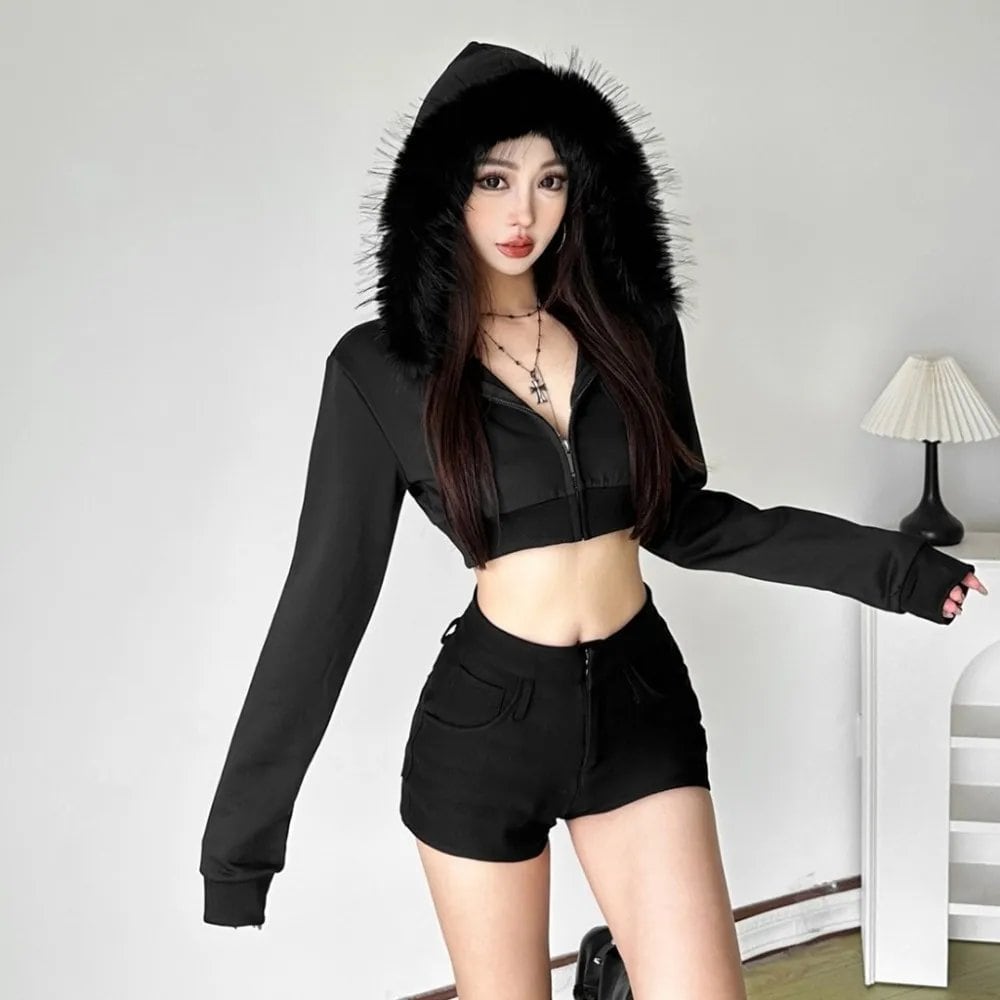 SylCue 毛皮のようなパッチワークフード付きジャケット女性秋の新スタイルジップカーディガンフルスリーブへそ露出ストリートファッションクラシックコート