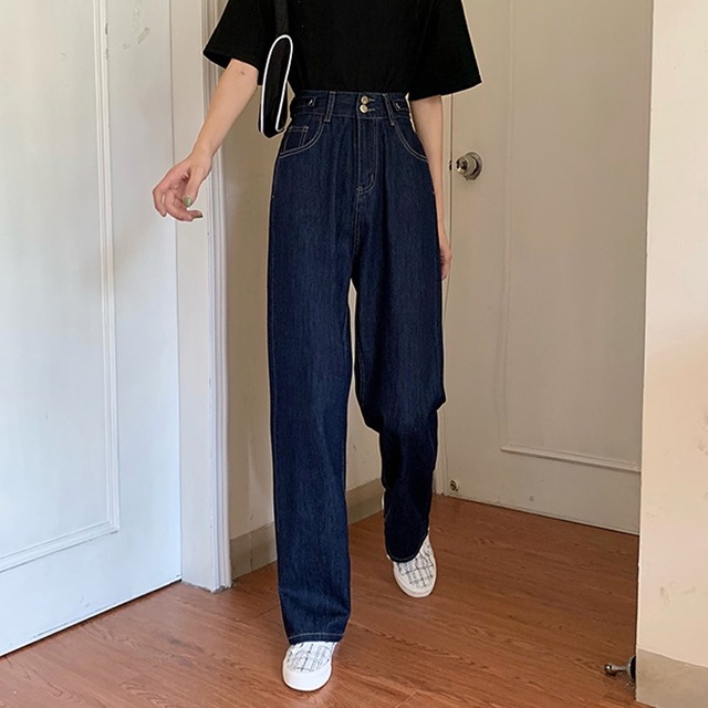 ダークブルージーンズ スプリングオータムルーズパンツ 薄手ハイウェストスタンダード レトロ 春物 秋物 試着室76658710575