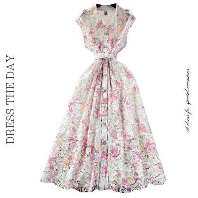 総レースウエストマークフラワードレス3色展開 D0119