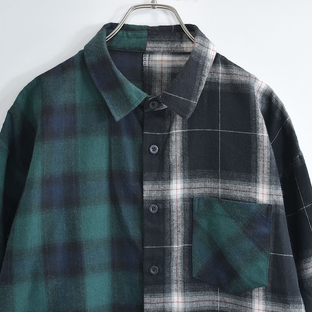 Used アシンメトリーデザイン オンブレチェック シャツ 総柄 バイカラー 長袖 ヴィンテージ 総柄シャツ ビンテージ メンズM相当