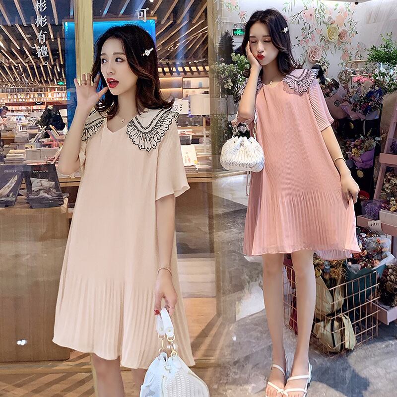 【新作】【送料無料】 マタニティウェア2019夏バージョンの新しいファッションミドル丈プリーツシフォンルーズドールカラーマタニティドレス-アリババ サマー 夏物 expec279727748836