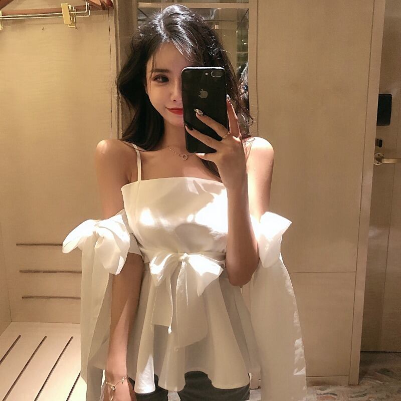 サマーストラップレスリボンウェストスリムトップス レディース 大人ガーリー スウィート キュート カジュアル 夏物 ハンチェンe7012548080