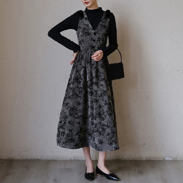 Jacquard flare long dress　M1722