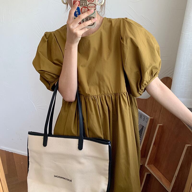 アシンメトリースリーブドレス サマーラウンドネックAラインルーズ薄手 夏物 Oネック ビッグFスモールZ韓国12751174023