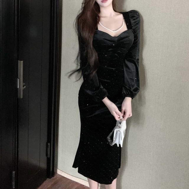 予約販売】ワンピース レディース ベロア スクエアネック ドット柄