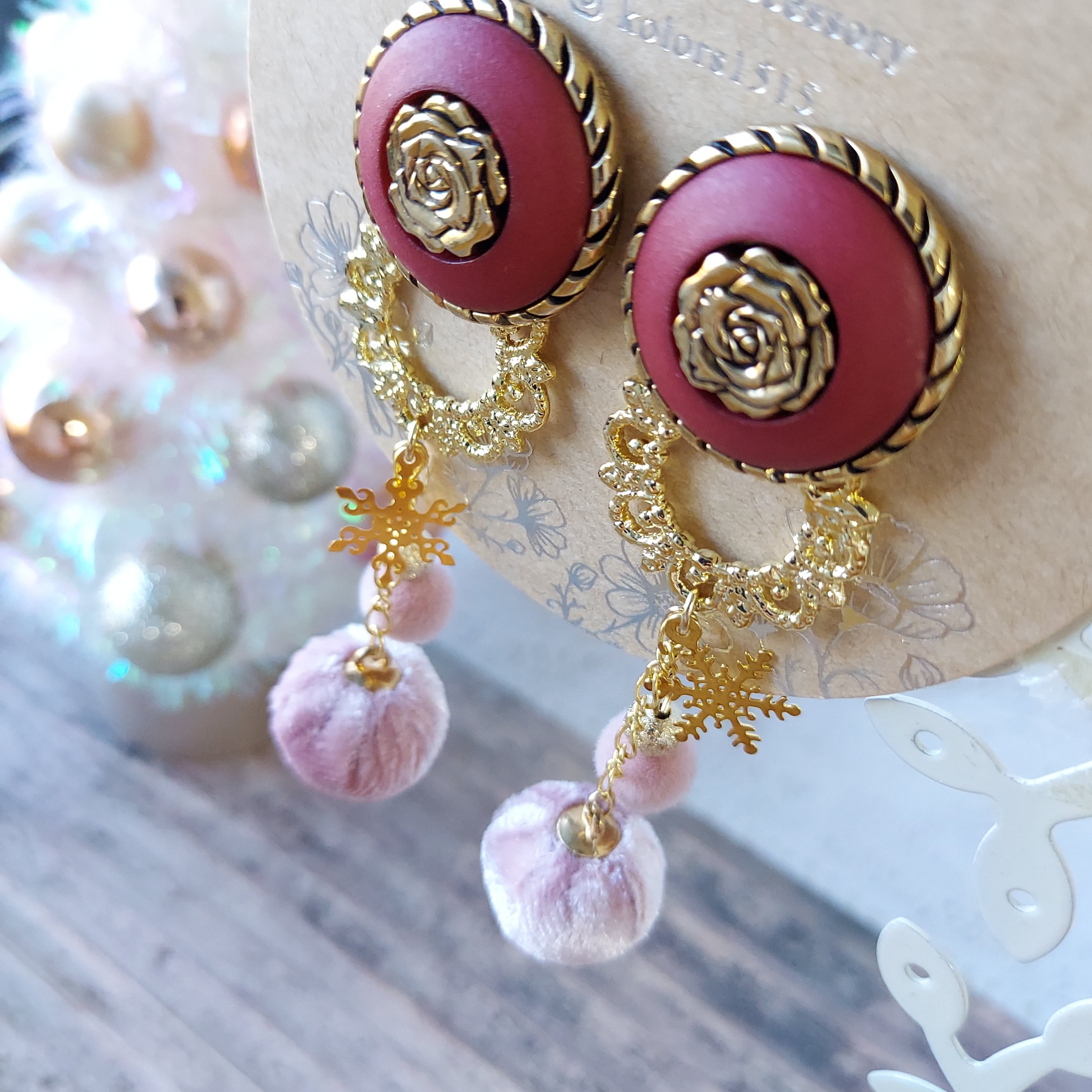 ☆❤️ 薔薇猫黒ネコりぼんピアスイヤリングハンドメイド