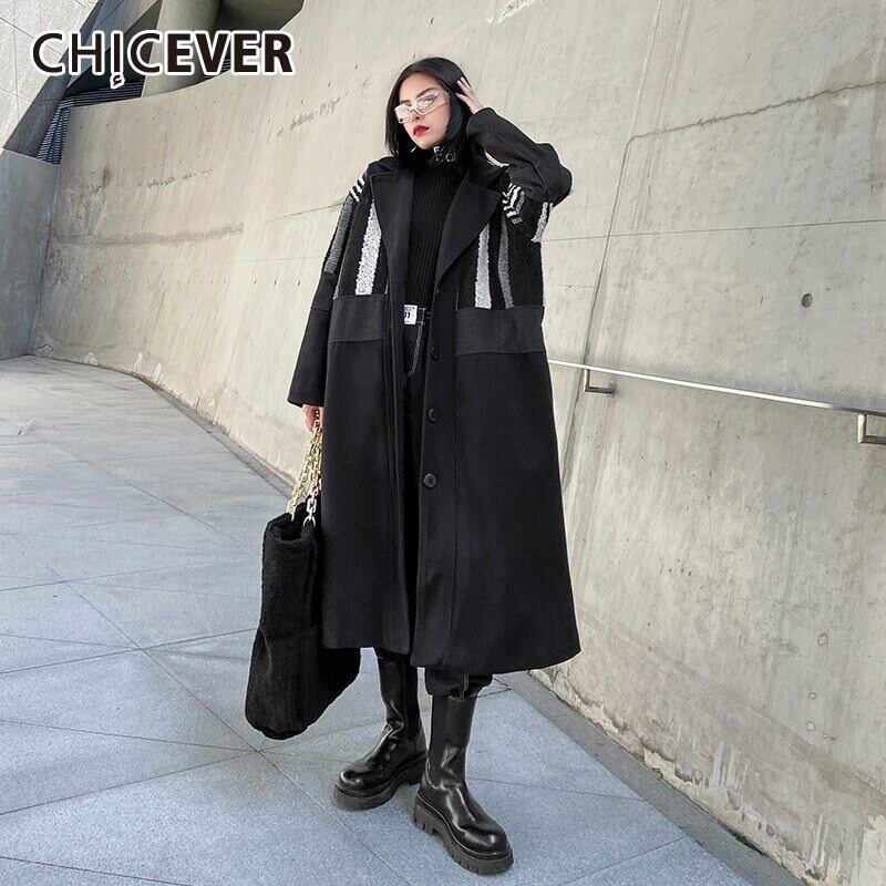 CHICEVERパッチワークツイードレディースラペル長袖ルーズシックブラックプラスサイズツイード2020タイド ロング 大きめサイズ 6base58922250624