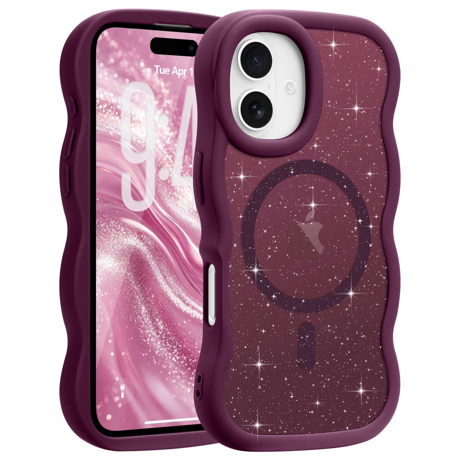 Pepmune iPhone 17用 ケース MagSafe対応 ウェーブ 半透明 キラキラ かわいい(ラメバーガンディ)