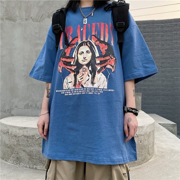 ロングルーズスタイルプリントTシャツ ストリート かわいい ケッペル67055606270