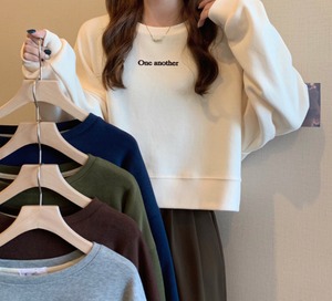 トップス スウェット スウェットシャツ ショート丈 袖あり 長袖 ラウンドネック 襟なし ストレート ルーズ シンプル カジュアル おしゃれ お洒落 ラフ 文字 春 秋 10代 20代 レディース 女性用 女の子 お出かけ 休日 テーマパーク 水族館 映画館 カフェ カラオケ ドライブ ショッピング 普段使い ファッション 楽ちん 定番 サイズ ワンサイズ 色展開 緑 グリーン 灰色 グレー クリーミーホワイト ネイビー コーヒー 紺