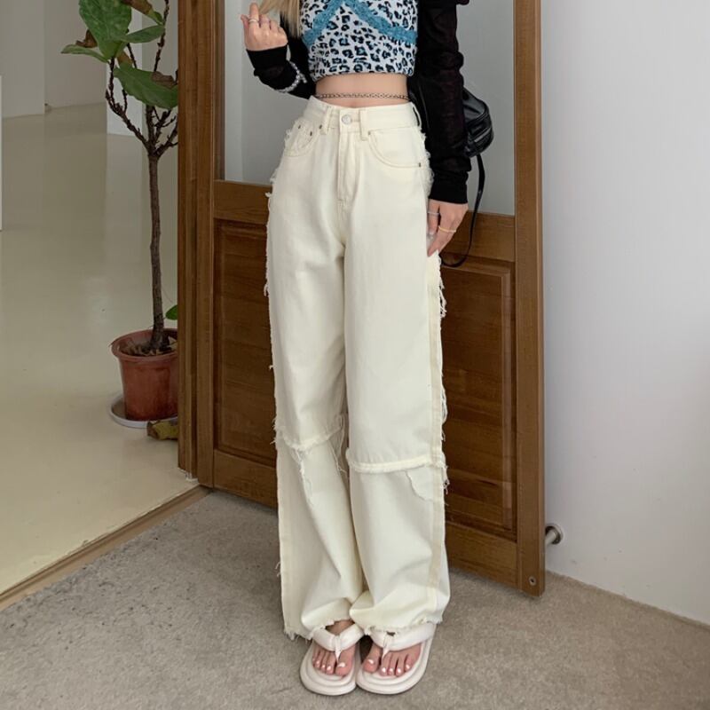 ジーンズ サマー薄手ルーズパンツ ウェストホワイト 夏物 ワイドレッグ ワイドパンツ 1号婦人82163755782