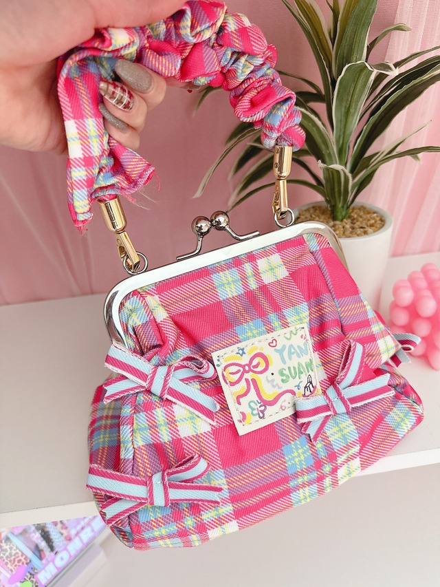 Pinkリボンタータンチェックバッグ/韓国/レディースファッション/可愛い/おしゃれ/ラフ/カジュアル/POP/鞄（9-262）