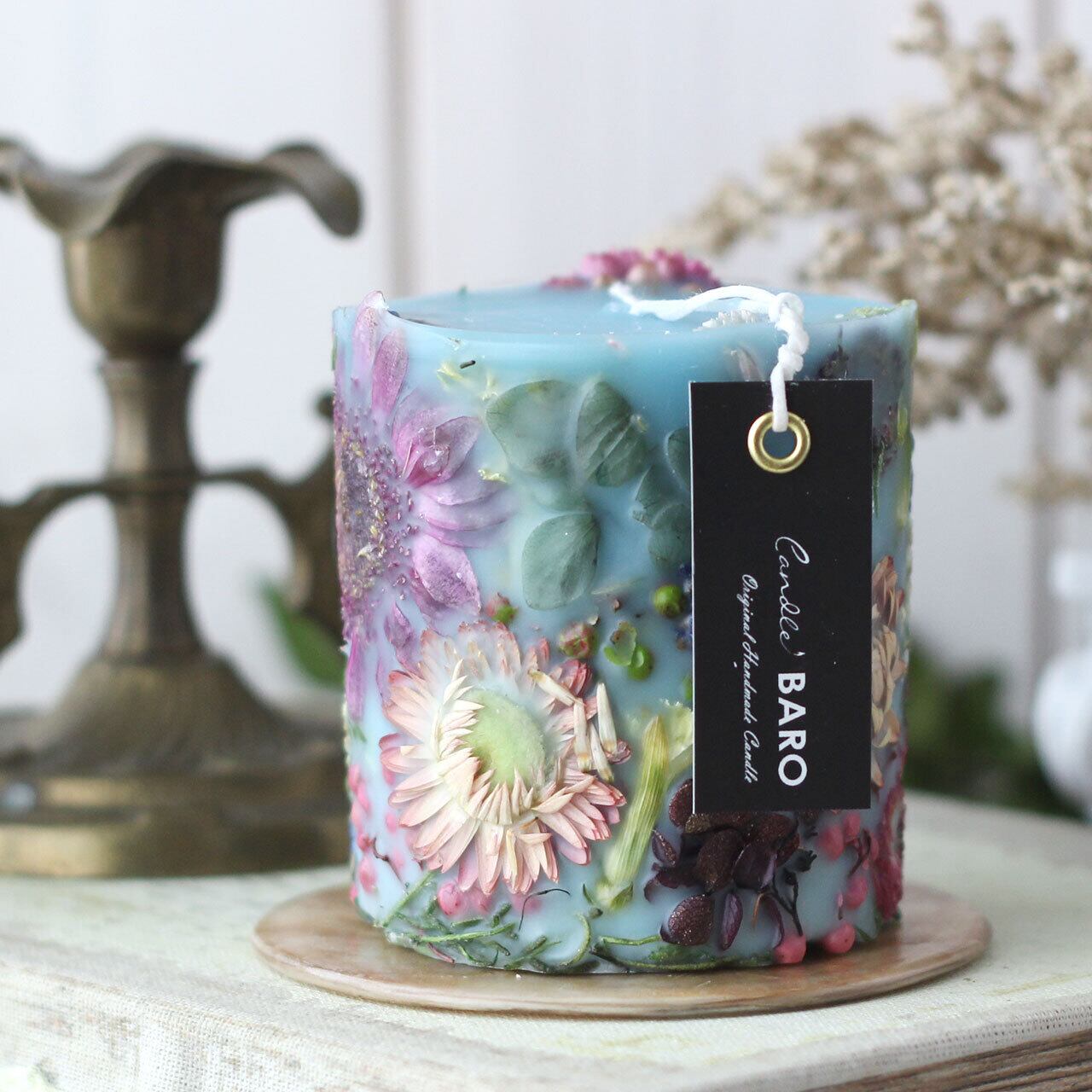 SY012【選べるラッピング対応】ブルーソイボタニカルキャンドル 誕生日  