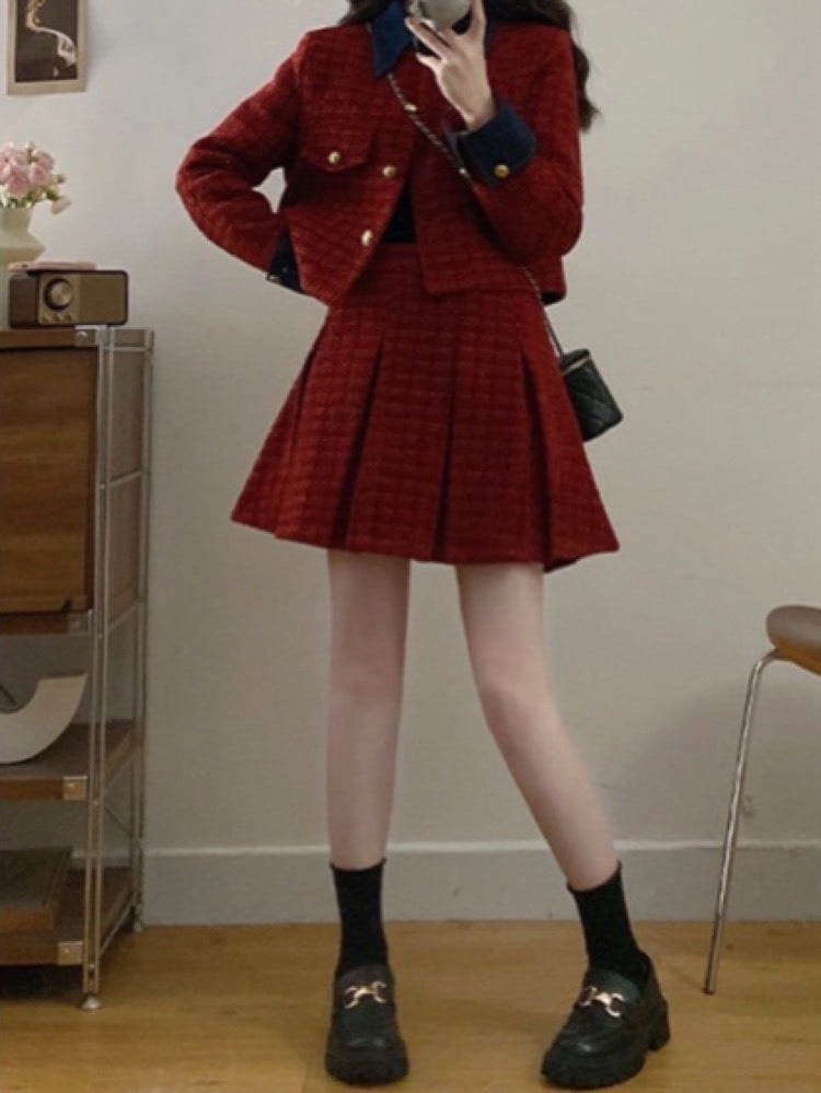 品よく映える 丈が選べるクラシカルツイードセットアップ おしゃれ ミニ丈 ロング丈 Aライン ストレート 体型カバー 大きいサイズ 韓国 CH11437