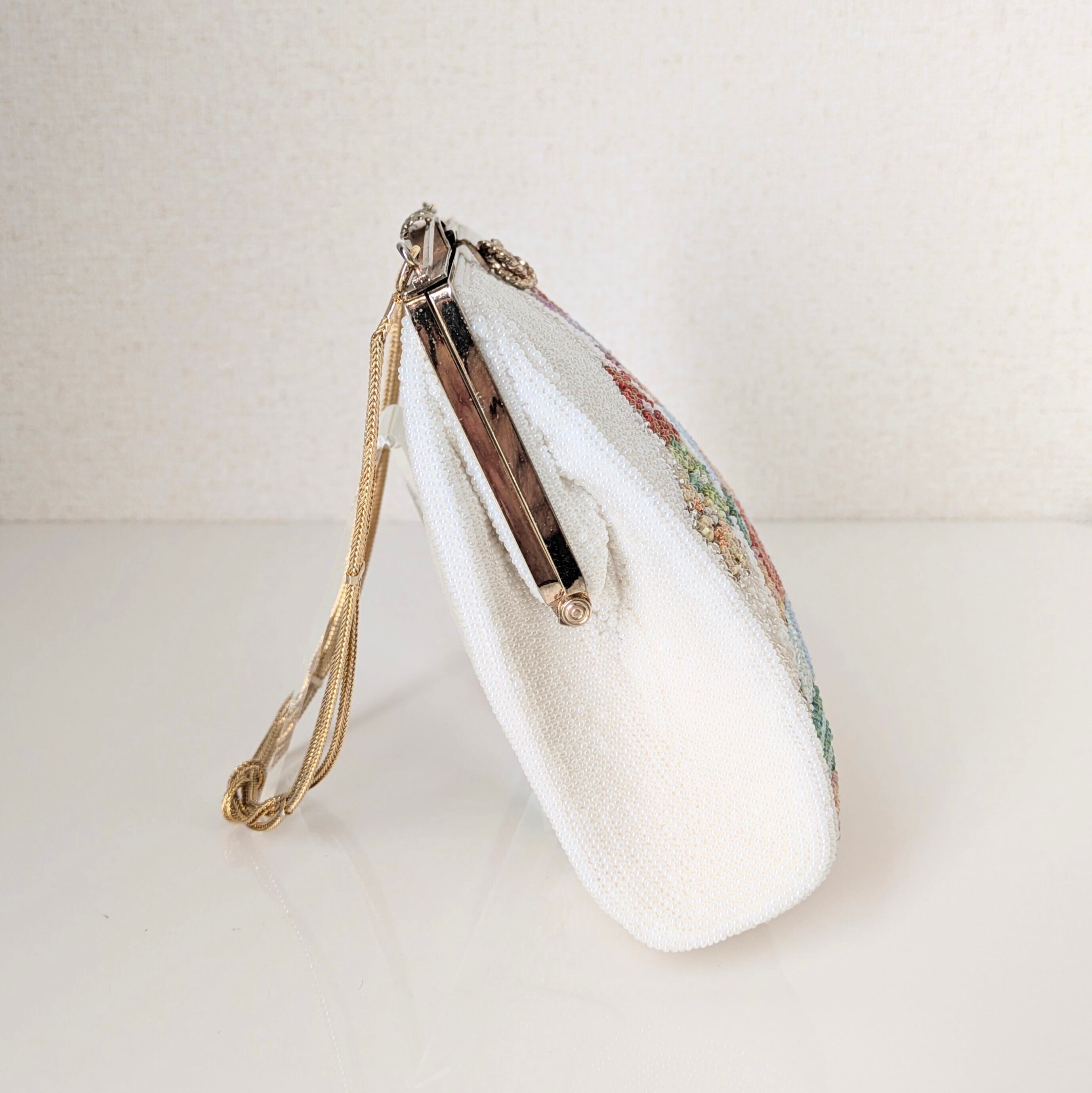 Vintage】ビーズ刺繍バッグ 白 吉祥風景柄 和柄 パーティーバッグ