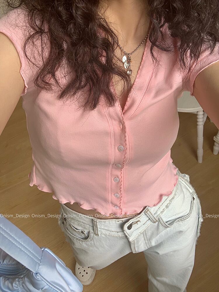 ブラックVネックTシャツ サマーショート薄手カーディガントップス 夏物 ビッグFスモールZ韓国11156423447