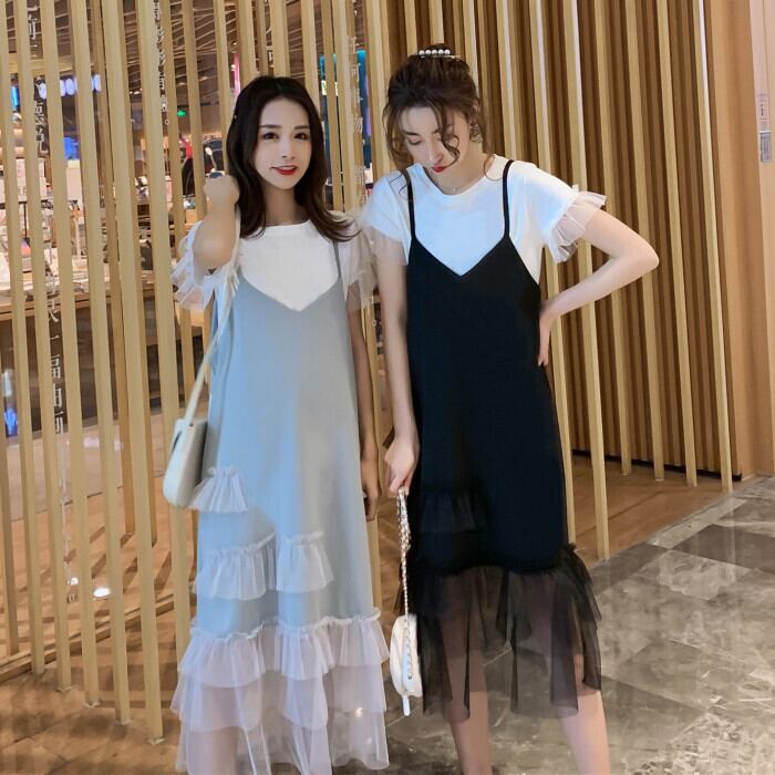 【新作】【送料無料】 マタニティウェア2020夏の新しいTシャツ+メッシュステッチミドル丈サスペンダースカート小さな新鮮なツーピース妊婦セット-アリババ サマー 夏物 expec294586943856