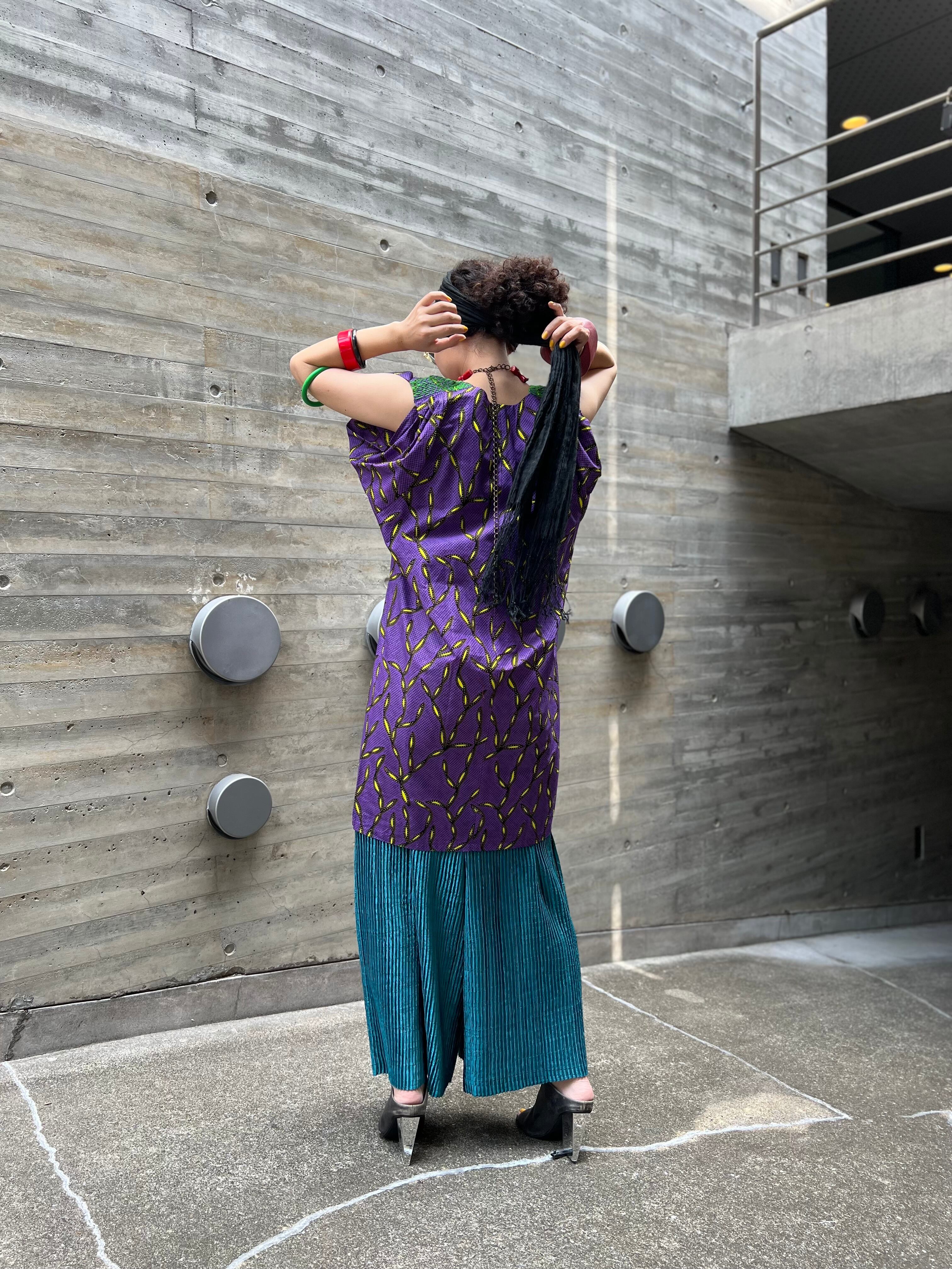 アフリカンバティック　浴衣　【新品】　パープル×グリーン THAILAND × African batik embroidery cotton embroidery dress ( タイ