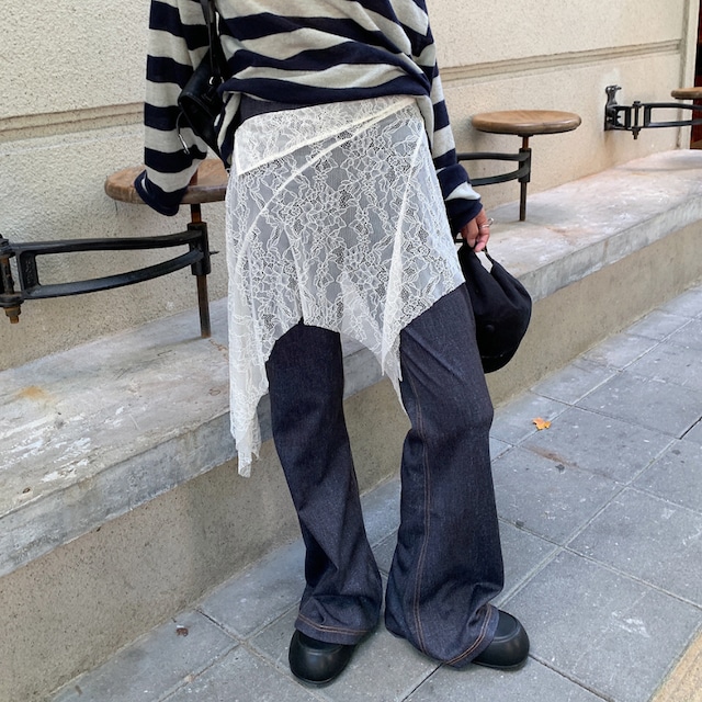 layered design lace flare denim pants J00162