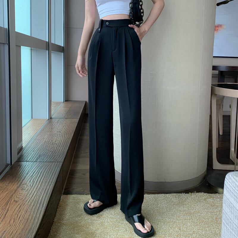 ハイウェストウェストパンツ オータムルーズ薄手ブラック 秋物 ガールズファッション11325391321